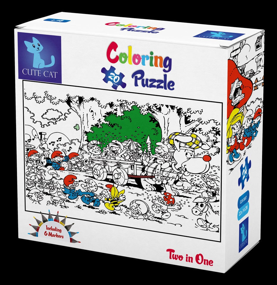 Cute Cat  Smurfs Coloring  2 in 1 Puzzle / CLR-3007 / 20 Pieces & 24 Pieces